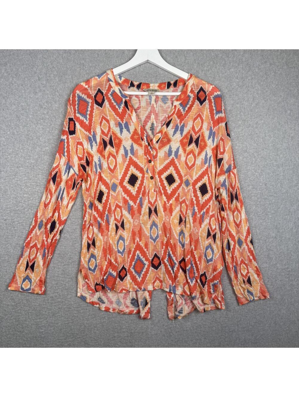 Lucky Brand Blouse Women's Medium M Multicolor Geometric Aztec Long Sleeves Top